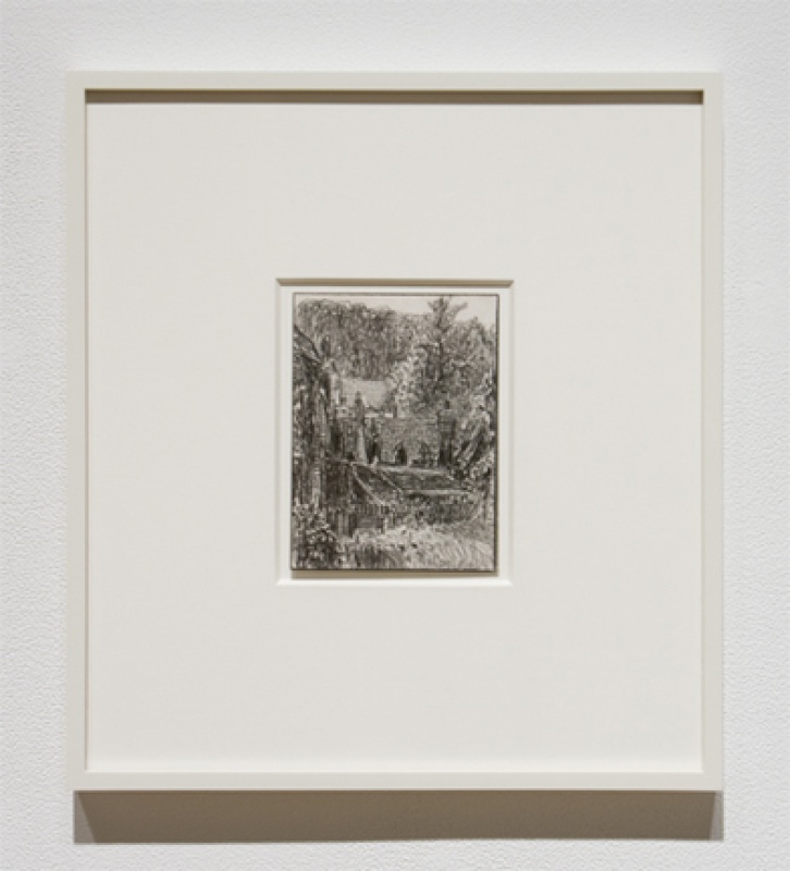 framed graphite drawing of landscape