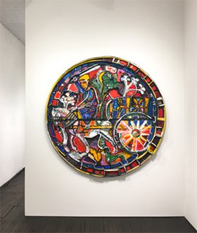 installation view of round wall piece