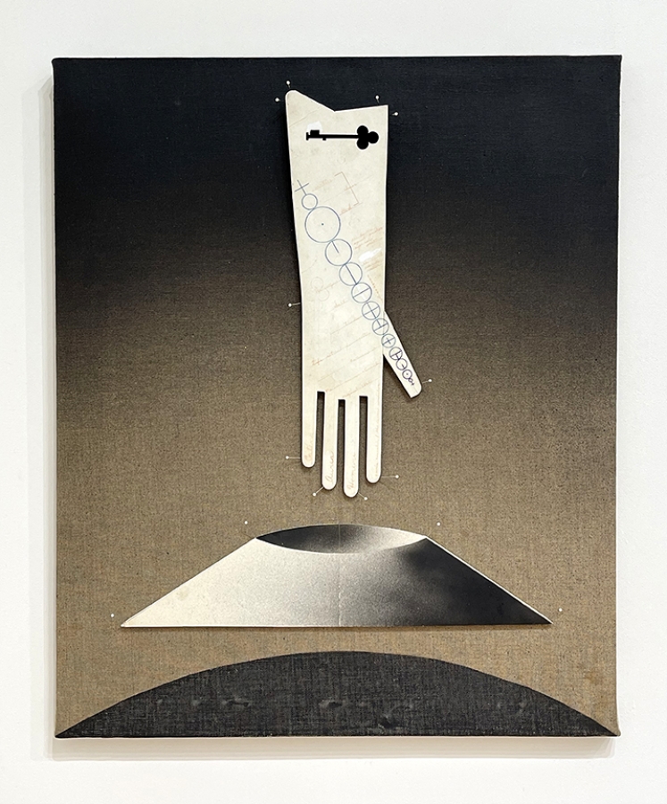 collage painting of white glove on linen