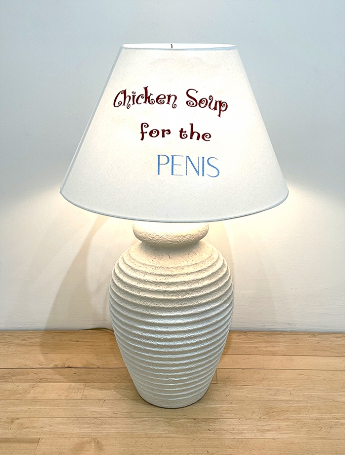 white lamp with writing Chicken Soup