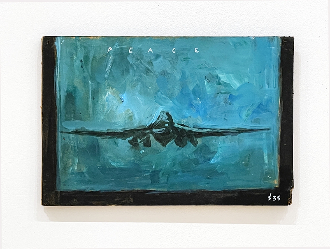small painting of airplane with PEACE