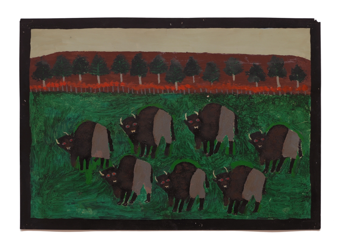 Painting of buffalos in a field