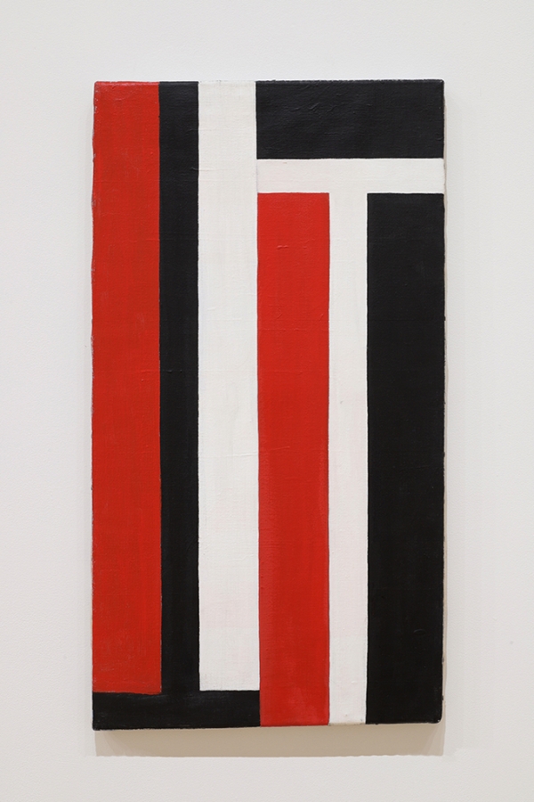 red, black and white geometric painting