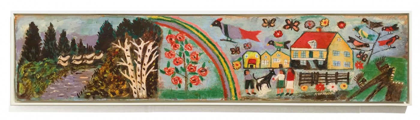 landscape with rainbow and house and birds
