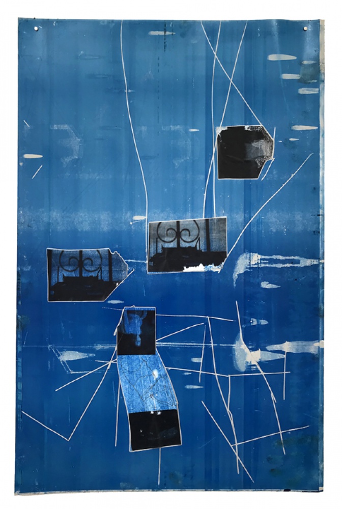 blue and black and white line artwork