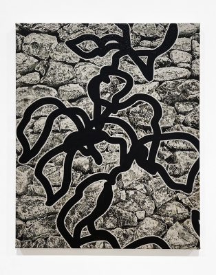 abstract painting of a leafy vine in black paint