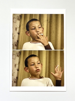two photographs of a young boy smoking 