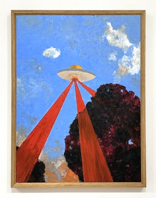 painting of space ship with red rays