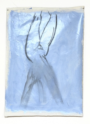 upside down female nude on blue ground 