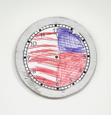 clock drawn with crayons on paper and cardboard