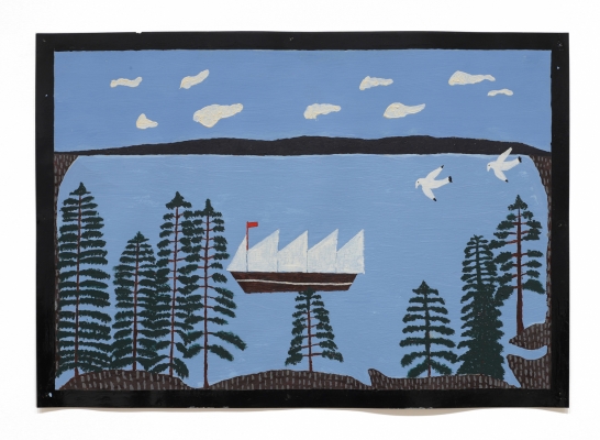 Painting of a boat on Lake George with trees and seagulls