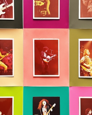 Steel Stillman photograph of images of musicians on a multicolor color blocked grid background