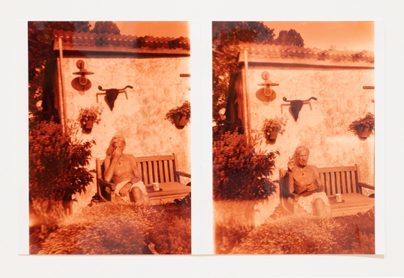 two color photos of exterior with man