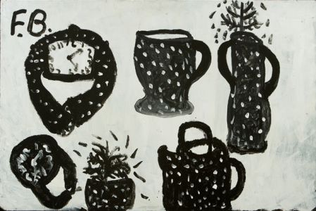 a clock, cup, teapot and vase