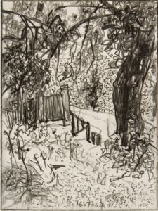 graphite drawing of landscape with fence