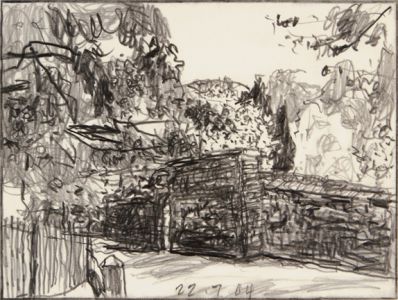 graphite drawing of landscape with wall and fence