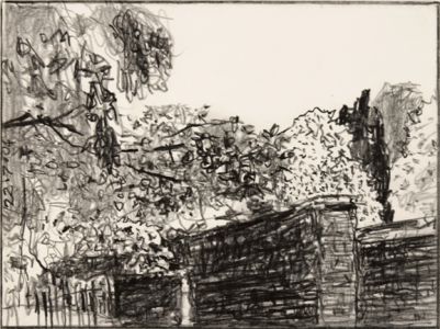 graphite drawing of landscape with wall