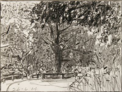 graphite drawing of landscape and small fence