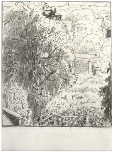 graphite drawing of landscape with a building