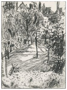 graphite drawing of cityscape garden