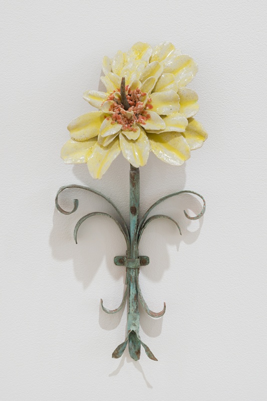 Mary Carlson sculpture of yellow zinnia flower