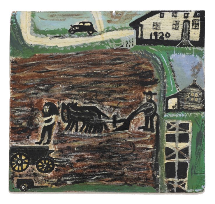 Painting of man with a plow and a farm