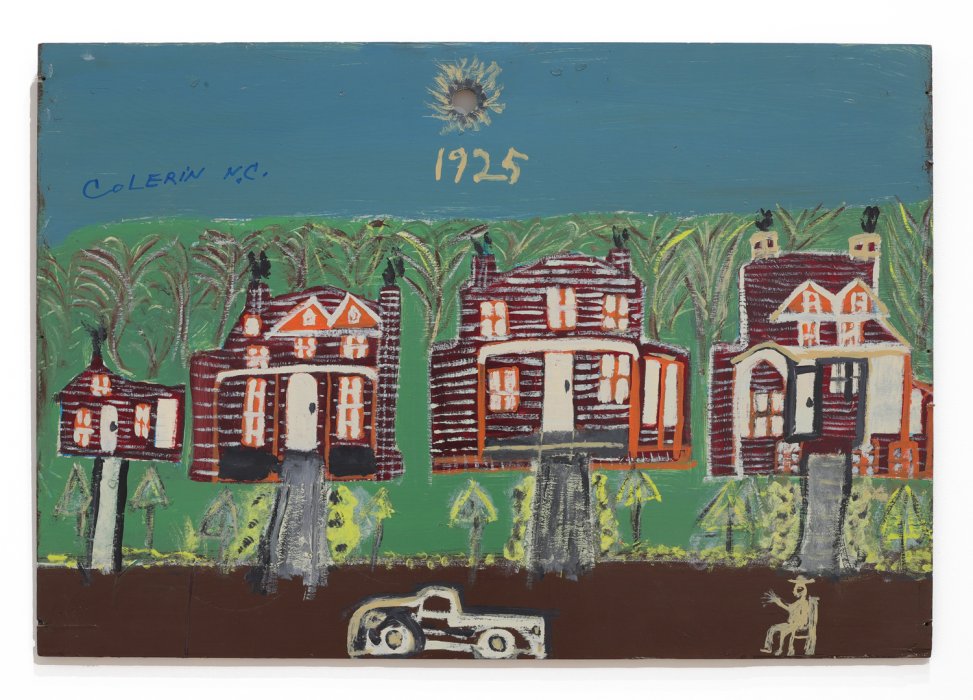 Painting of a of series of rural houses, a field, and  country road