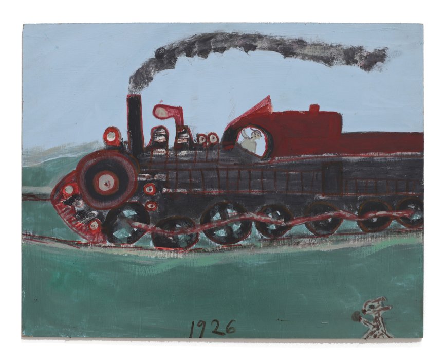 Painting of steam engine in a rural area