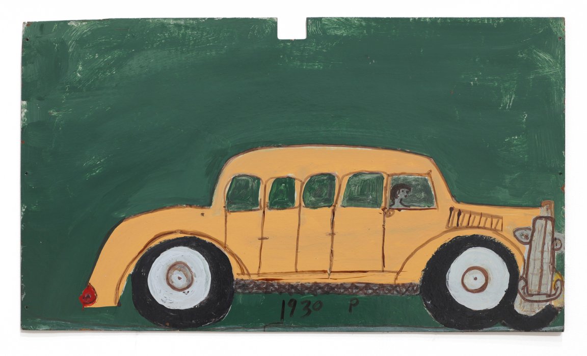 Painting of yellow car in green background