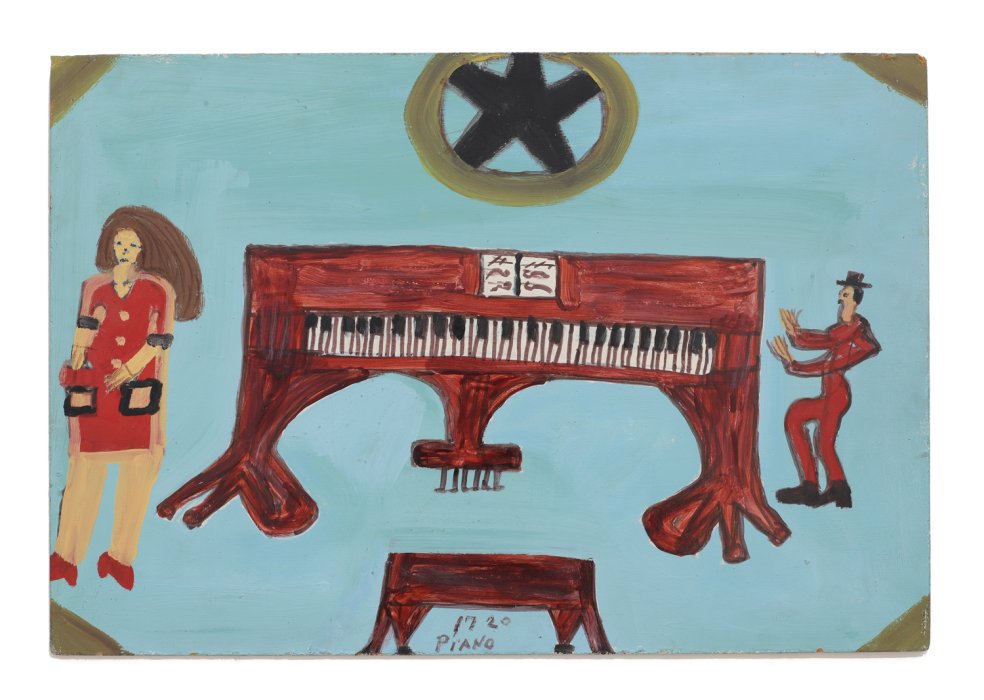 Painting of woman and man both dressed in red standing on either side of a red brown piano and piano stoll