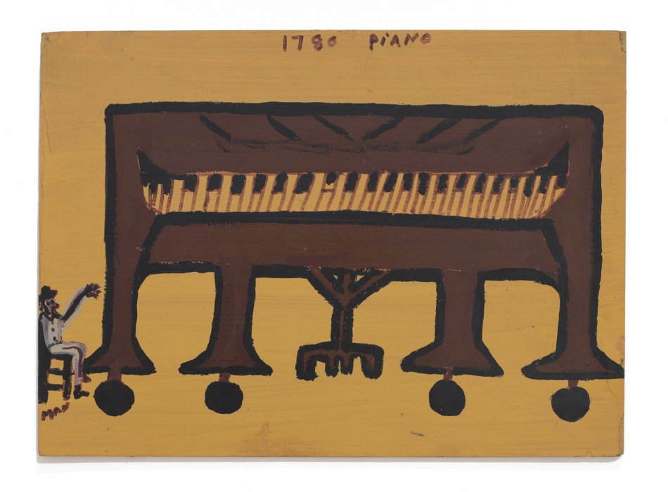 Painting of small male figure next to a large brown piano that towers over him