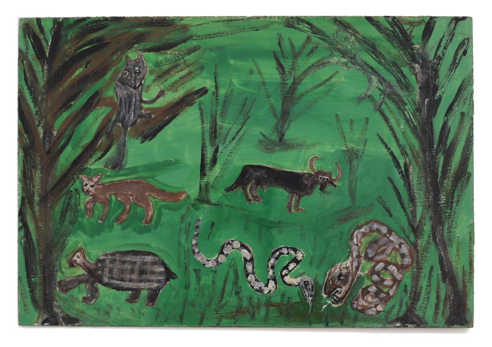 Painting of various animals such as an owl, cat, turtle, and snakes, in a green natural setting