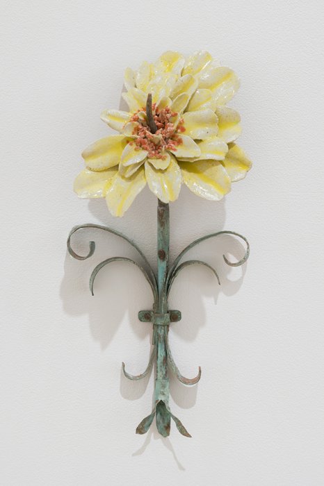 Mary Carlson sculpture of yellow zinnia flower